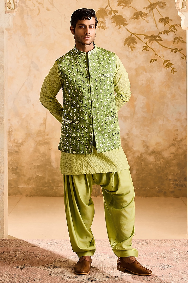 Light Green Raw Silk Resham Embroidered Bundi Jacket Set by Histori