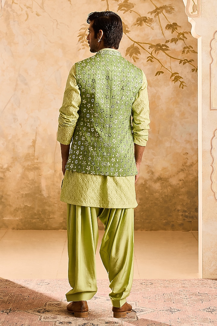 Light Green Raw Silk Resham Embroidered Bundi Jacket Set by NITIKA GUJRAL MEN at Pernia's Pop Up Shop