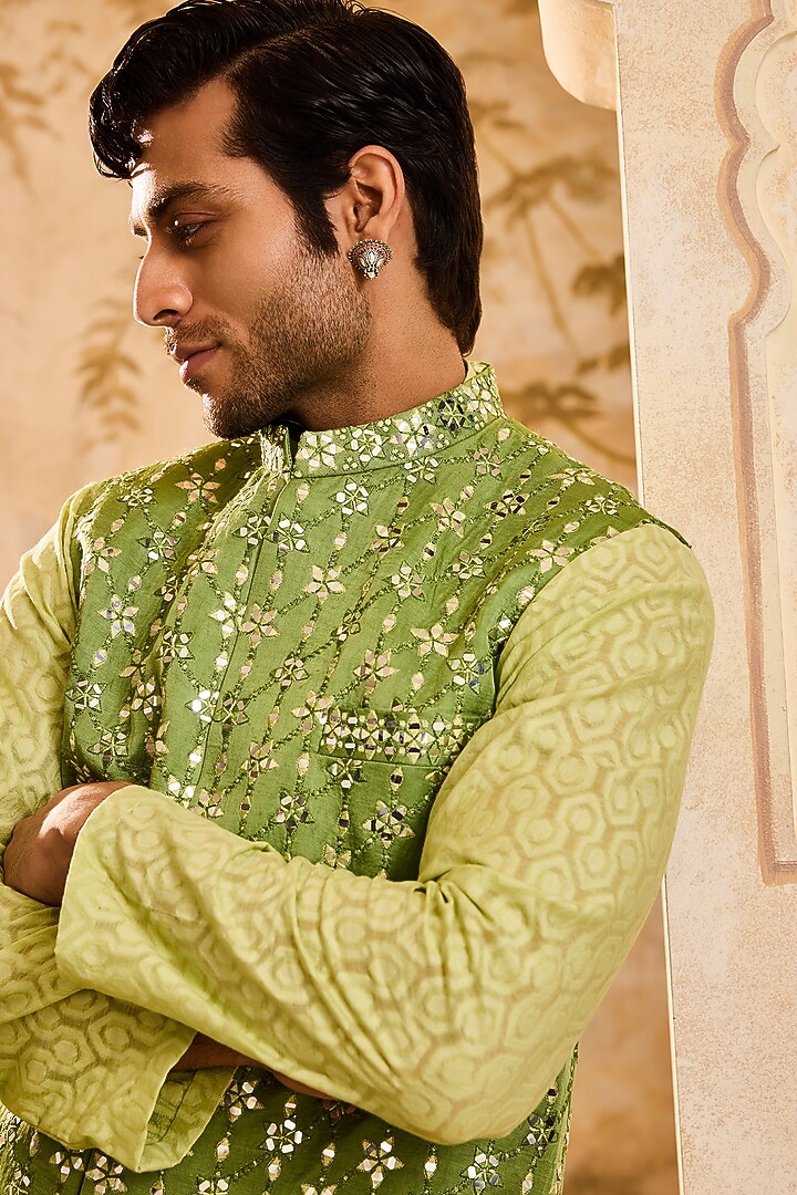 Light Green Raw Silk Resham Embroidered Bundi Jacket Set by NITIKA GUJRAL MEN at Pernia's Pop Up Shop