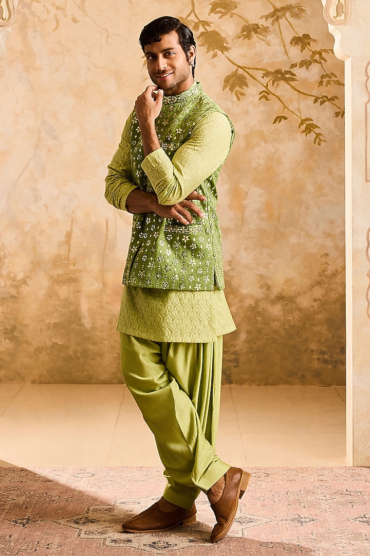 Light Green Raw Silk Resham Embroidered Bundi Jacket Set by NITIKA GUJRAL MEN at Pernia's Pop Up Shop