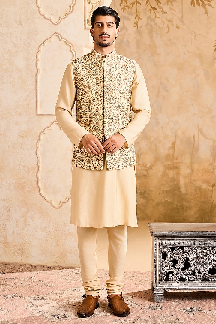 Beige Raw Silk Bead Work Bundi Jacket Set by Histori