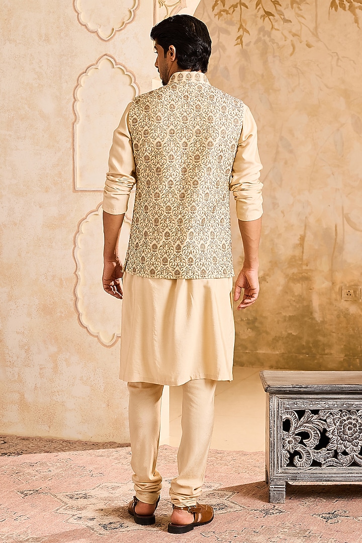 Beige Raw Silk Bead Work Bundi Jacket Set by NITIKA GUJRAL MEN at Pernia's Pop Up Shop