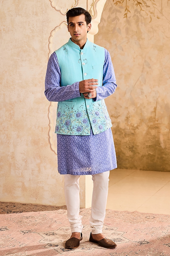 Turquoise Linen 3D Floral Embroidered Bundi Jacket Set by Histori