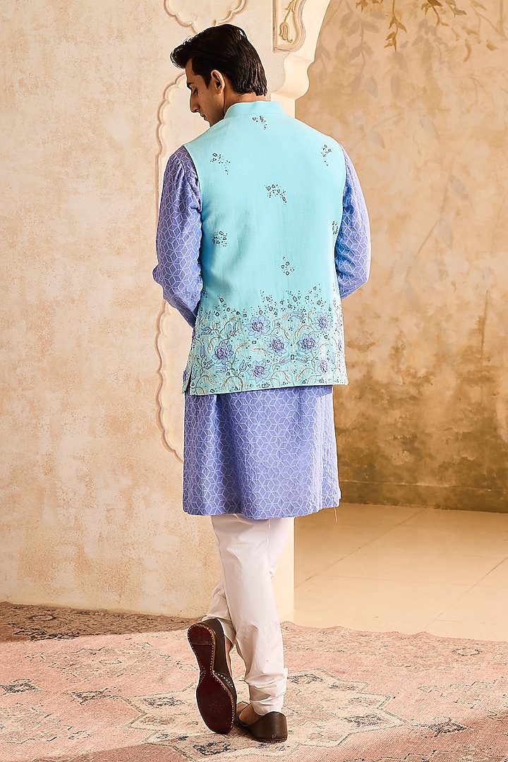 Turquoise Linen 3D Floral Embroidered Bundi Jacket Set by NITIKA GUJRAL MEN at Pernia's Pop Up Shop