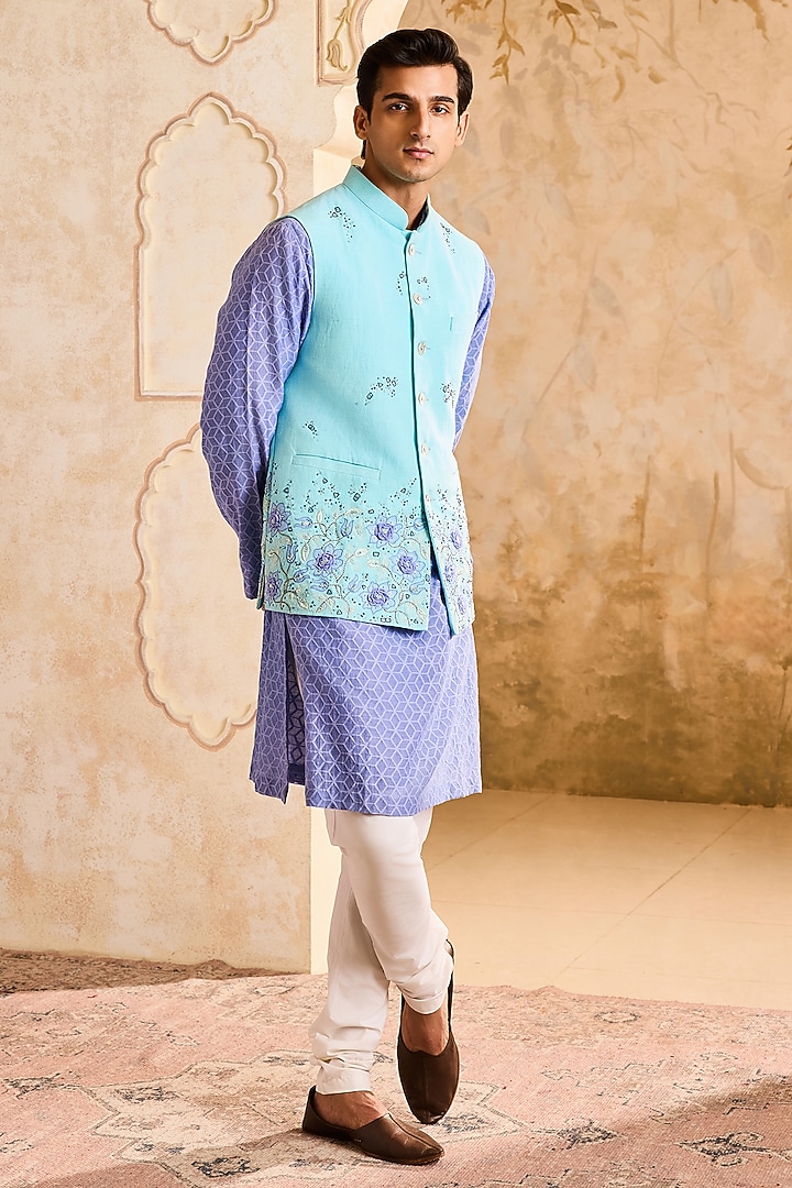 Turquoise Linen 3D Floral Embroidered Bundi Jacket Set by NITIKA GUJRAL MEN at Pernia's Pop Up Shop