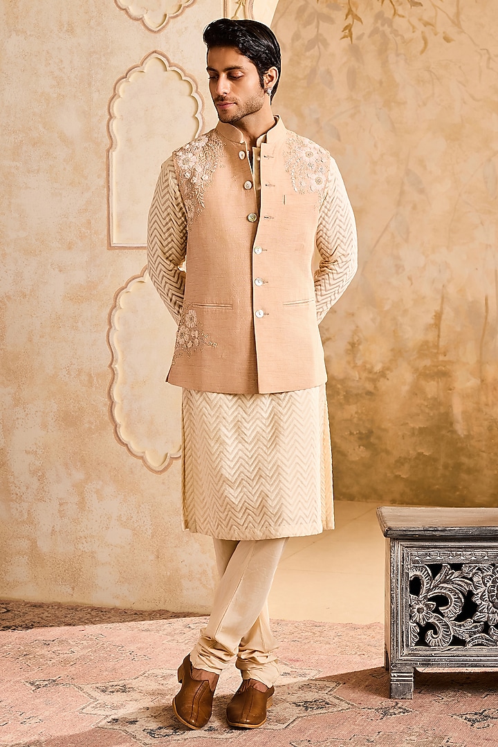 Beige Linen 3D Floral Embroidered Bundi Jacket Set by Histori