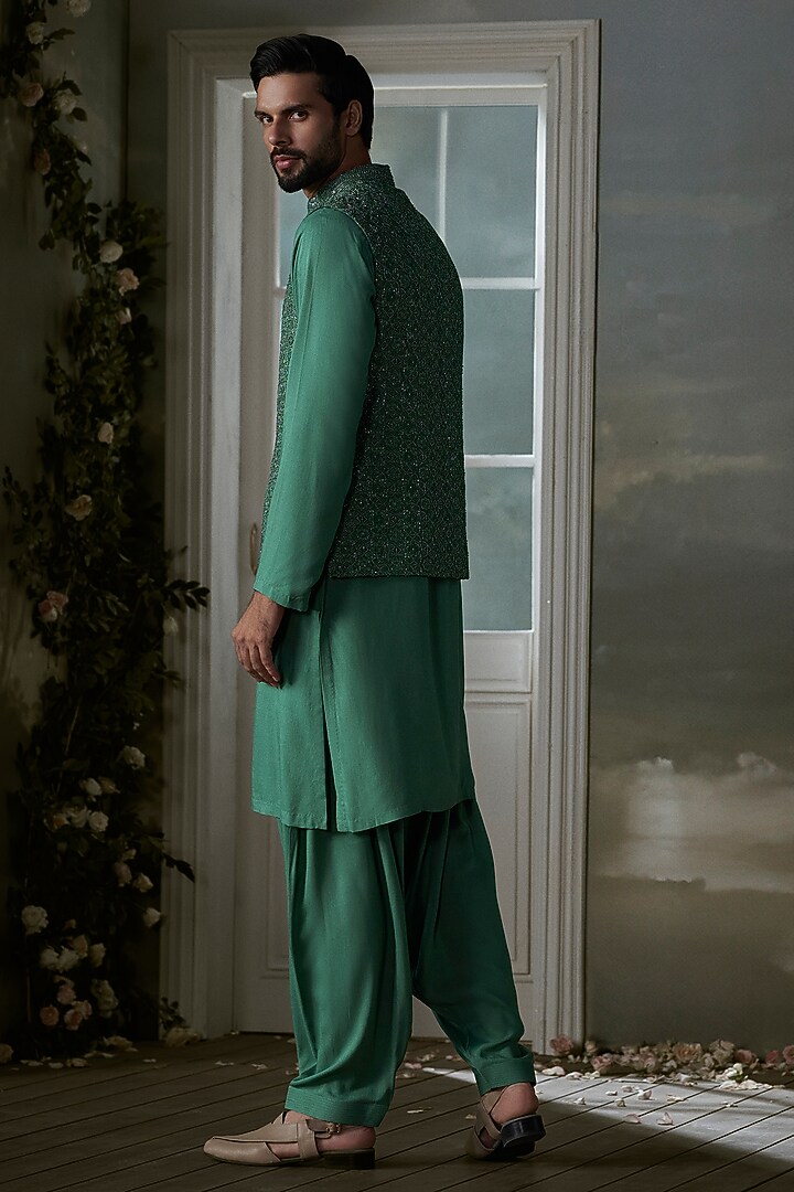 Forest Green Raw Silk Crystal Embroidered Bundi Jacket Set by NITIKA GUJRAL MEN at Pernia's Pop Up Shop