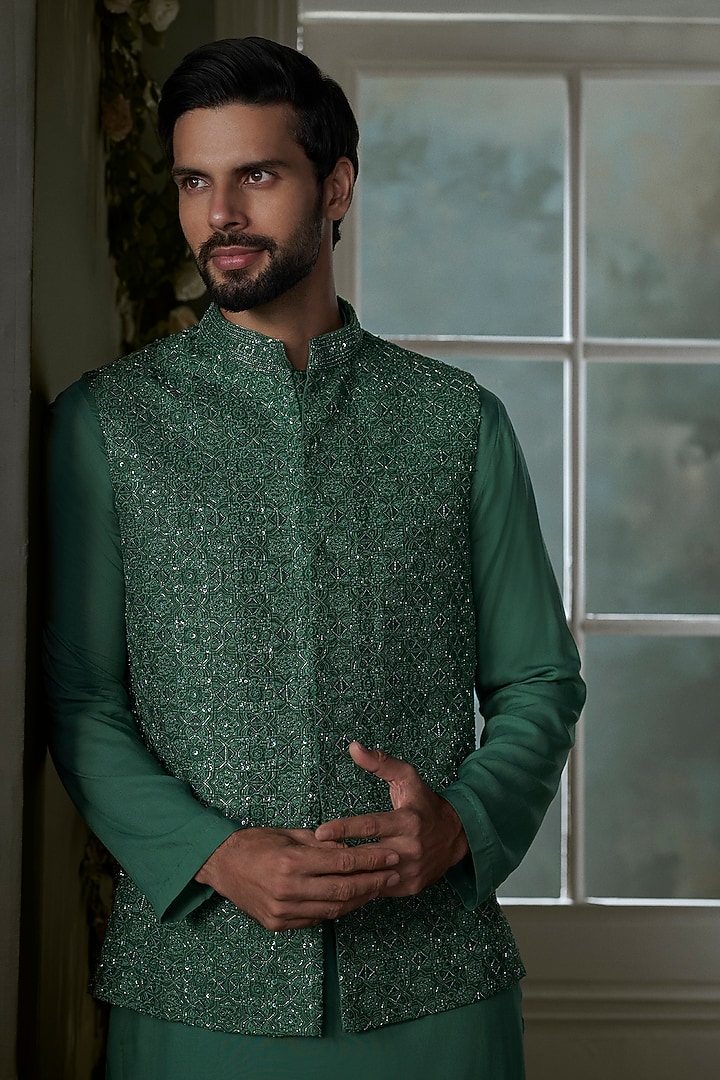 Forest Green Raw Silk Crystal Embroidered Bundi Jacket Set by NITIKA GUJRAL MEN at Pernia's Pop Up Shop