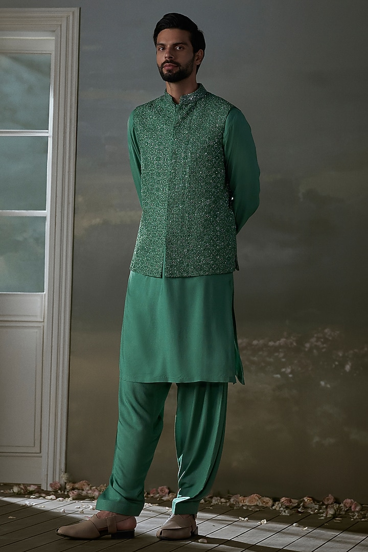 Forest Green Raw Silk Crystal Embroidered Bundi Jacket Set by NITIKA GUJRAL MEN at Pernia's Pop Up Shop