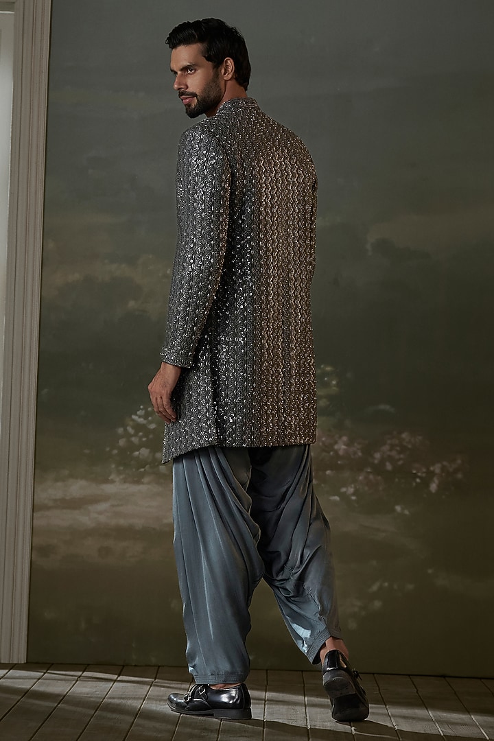 Grey Raw Silk Sequins Embroidered Long Jacket Set by NITIKA GUJRAL MEN at Pernia's Pop Up Shop