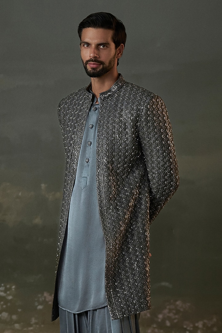 Grey Raw Silk Sequins Embroidered Long Jacket Set by NITIKA GUJRAL MEN at Pernia's Pop Up Shop