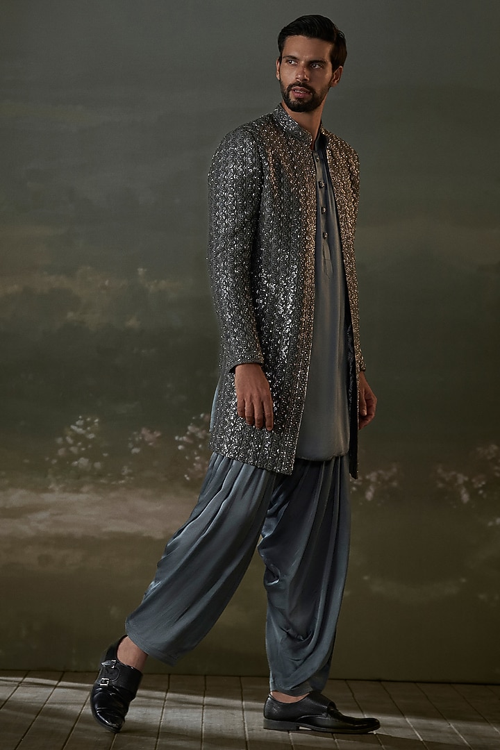 Grey Raw Silk Sequins Embroidered Long Jacket Set by NITIKA GUJRAL MEN at Pernia's Pop Up Shop