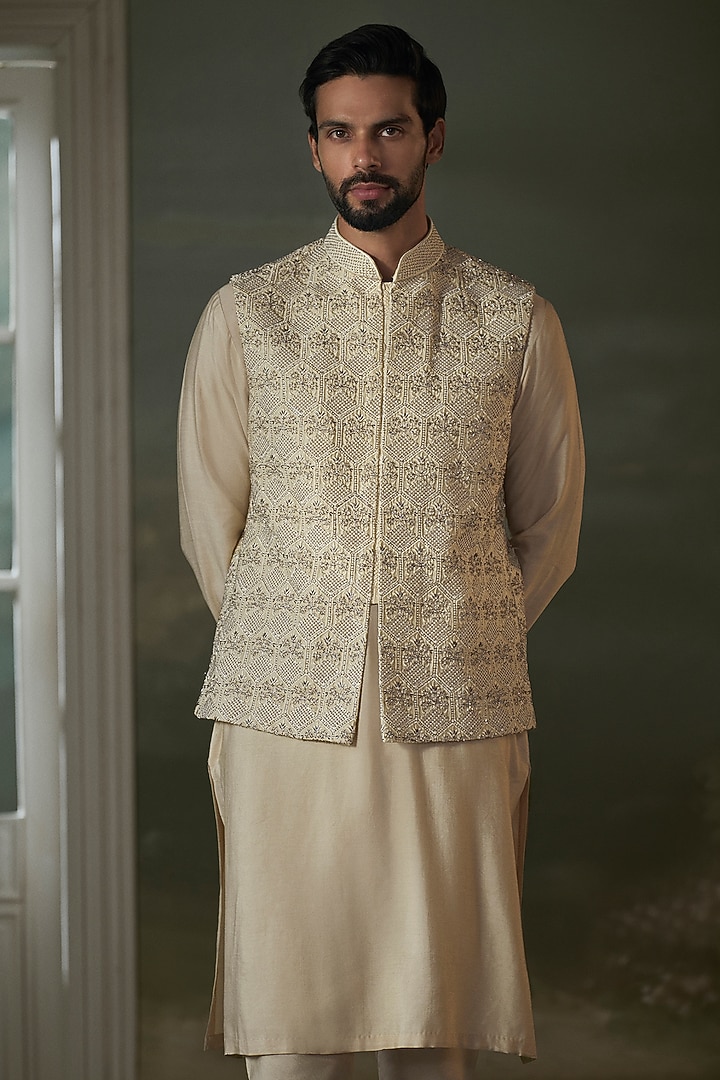 Beige Raw Silk Crystal Embroidered Bundi Jacket Set by NITIKA GUJRAL MEN at Pernia's Pop Up Shop