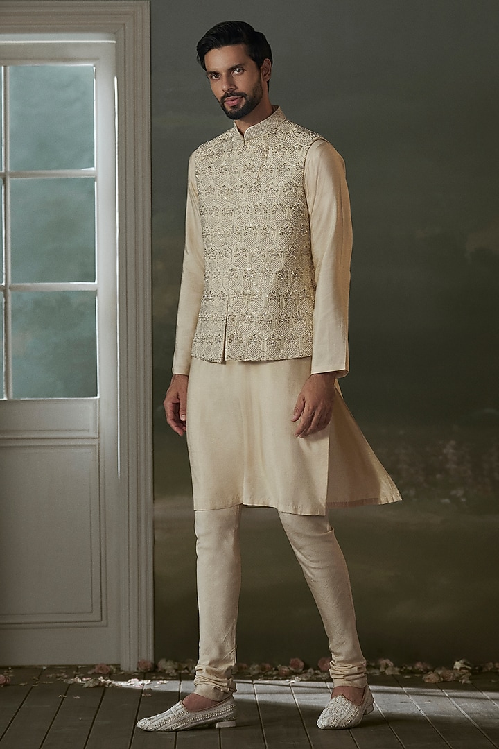Beige Raw Silk Crystal Embroidered Bundi Jacket Set by NITIKA GUJRAL MEN at Pernia's Pop Up Shop