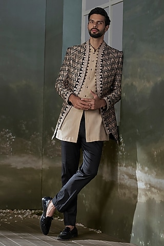 Beige & Black Raw Silk Geometric Printed & Resham Embroidered Jacket Set by NITIKA GUJRAL MEN