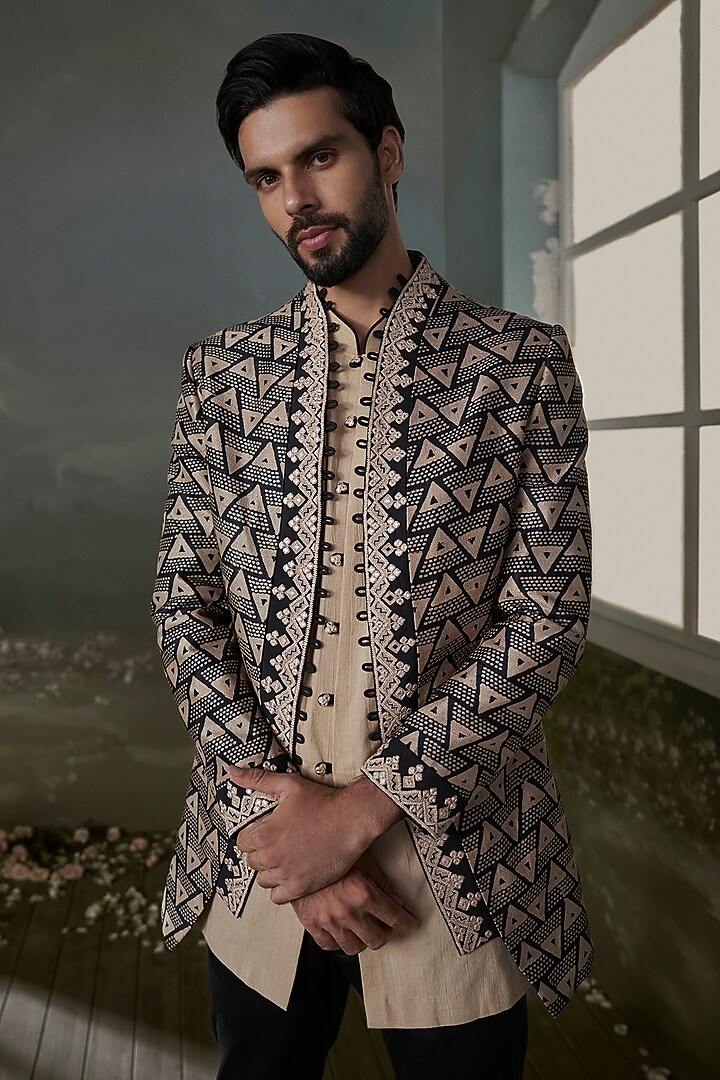 Beige & Black Raw Silk Geometric Printed & Resham Embroidered Jacket Set by NITIKA GUJRAL MEN at Pernia's Pop Up Shop