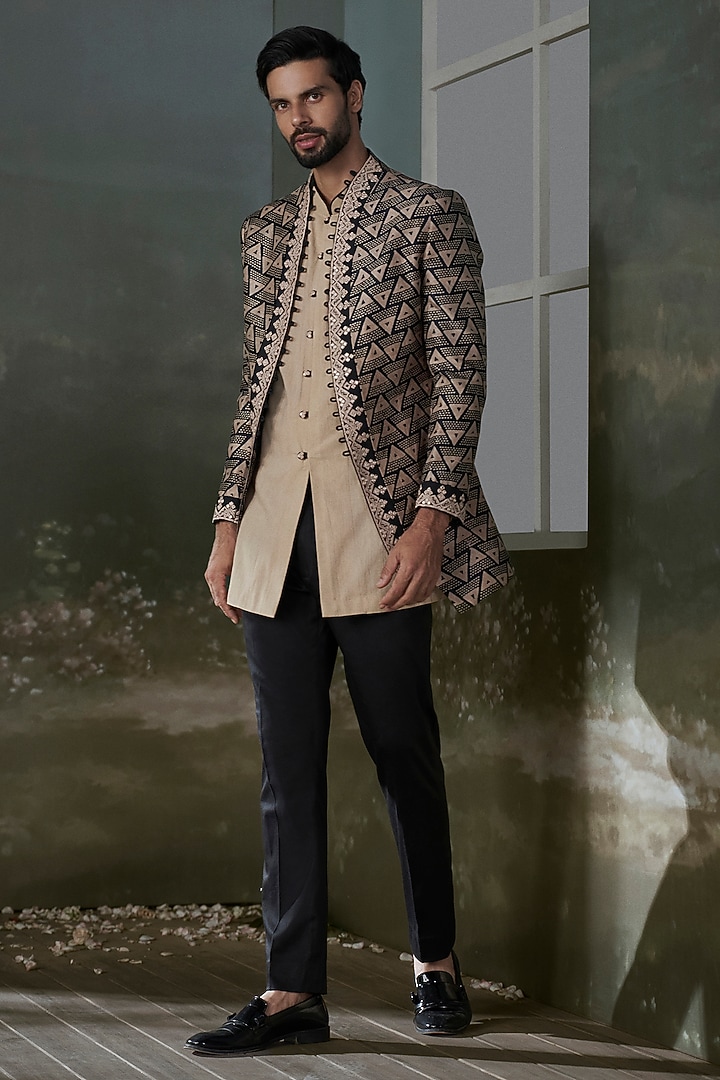 Beige & Black Raw Silk Geometric Printed & Resham Embroidered Jacket Set by NITIKA GUJRAL MEN at Pernia's Pop Up Shop