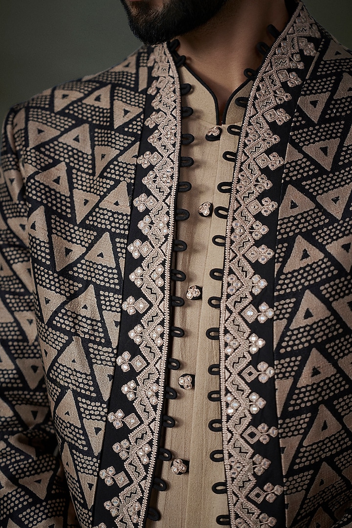 Beige & Black Raw Silk Geometric Printed & Resham Embroidered Jacket Set by NITIKA GUJRAL MEN at Pernia's Pop Up Shop