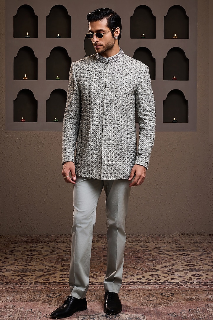 Grey Raw Silk Resham Embroidered Jodhpuri Set by Histori