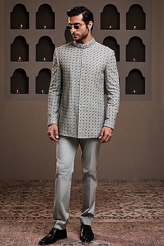 Grey Raw Silk Resham Embroidered Jodhpuri Set by NITIKA GUJRAL MEN