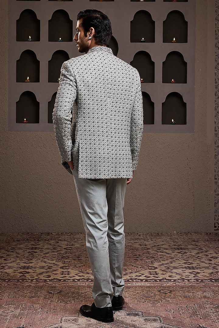 Grey Raw Silk Resham Embroidered Jodhpuri Set by NITIKA GUJRAL MEN at Pernia's Pop Up Shop