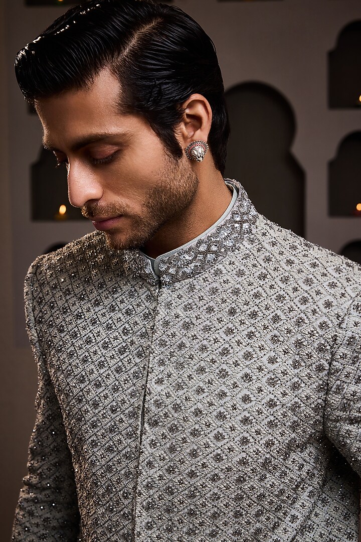 Grey Raw Silk Resham Embroidered Jodhpuri Set by NITIKA GUJRAL MEN at Pernia's Pop Up Shop