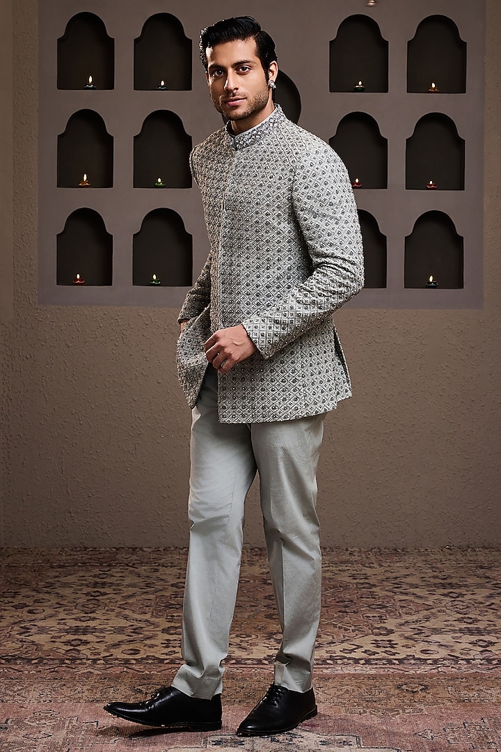 Grey Raw Silk Resham Embroidered Jodhpuri Set by NITIKA GUJRAL MEN at Pernia's Pop Up Shop