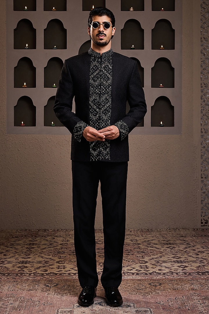 Black Raw Silk Resham Embroidered Jodhpuri Set by Histori