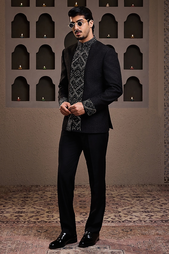 Black Raw Silk Resham Embroidered Jodhpuri Set by NITIKA GUJRAL MEN at Pernia's Pop Up Shop