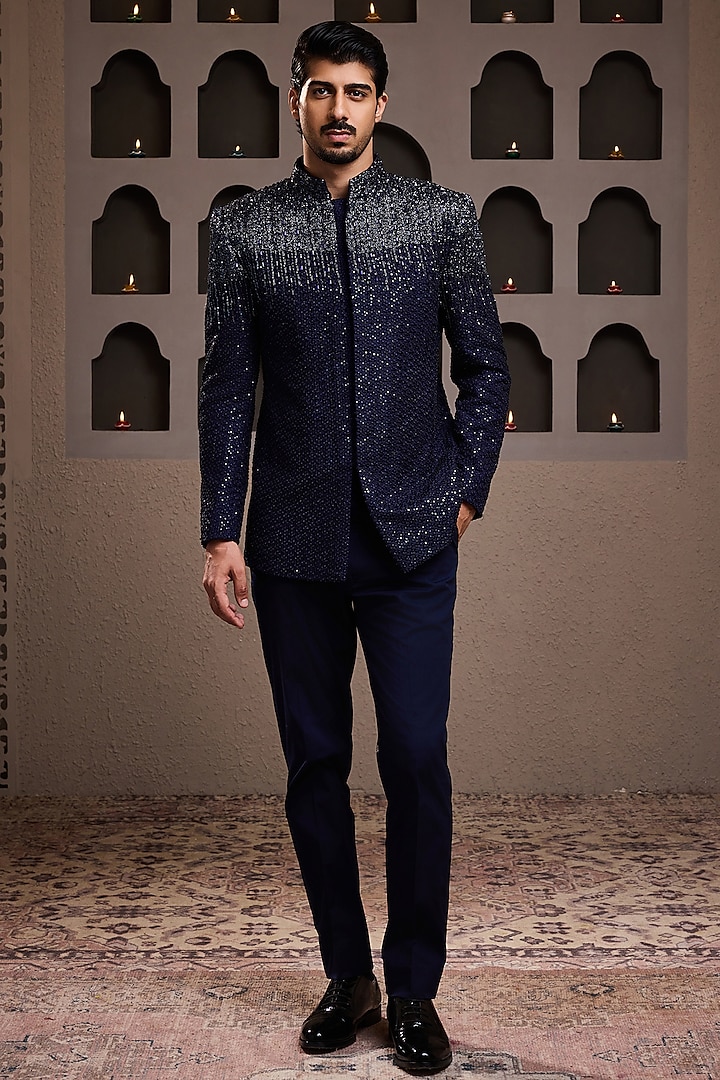 Navy Blue Raw Silk Resham Embroidered Jodhpuri Set by Histori