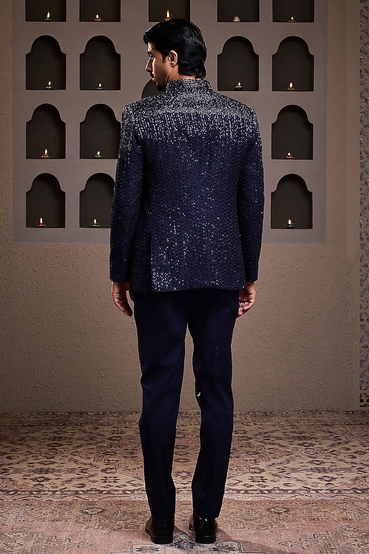 Navy Blue Raw Silk Resham Embroidered Jodhpuri Set by Histori at Pernia's Pop Up Shop