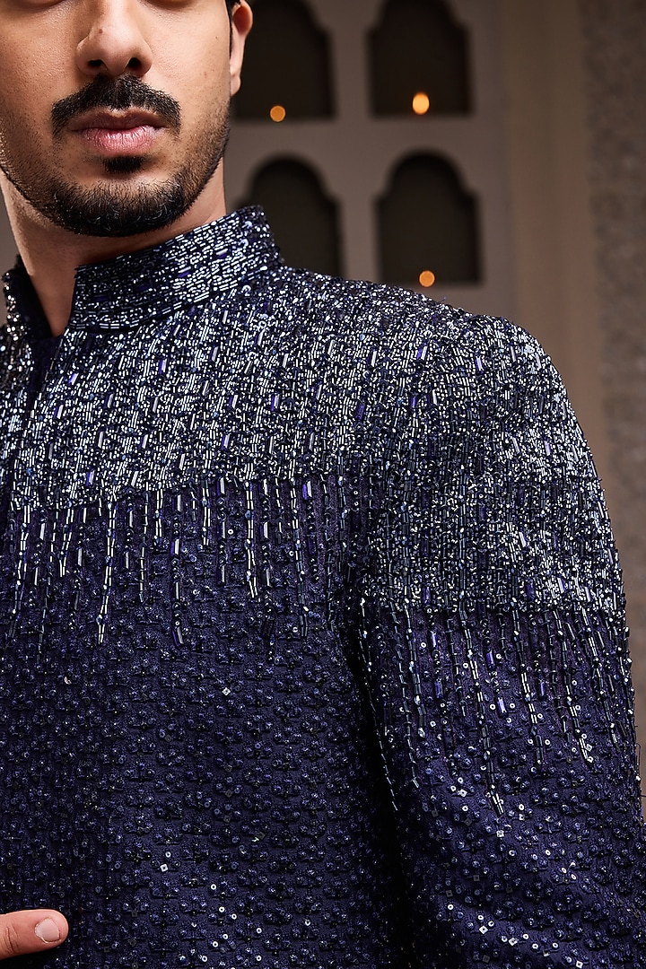 Navy Blue Raw Silk Resham Embroidered Jodhpuri Set by Histori at Pernia's Pop Up Shop