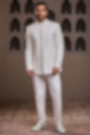 White Raw Silk Crystal Embroidered Jodhpuri Set by Histori at Pernia's Pop Up Shop