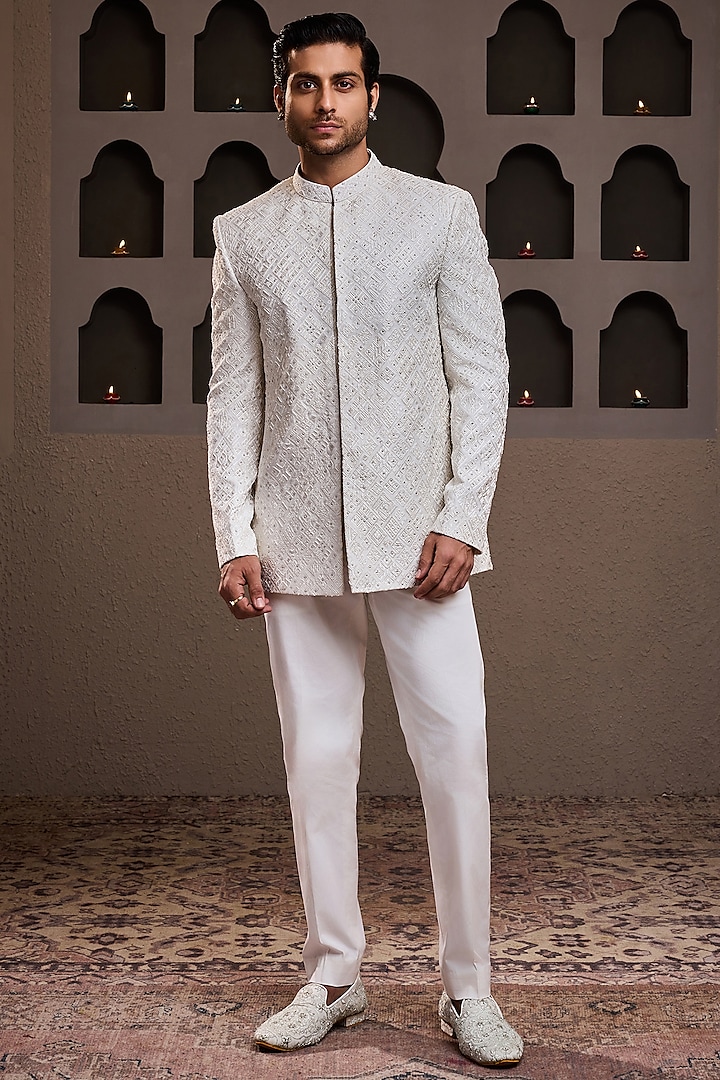 White Raw Silk Crystal Embroidered Jodhpuri Set by Histori at Pernia's Pop Up Shop