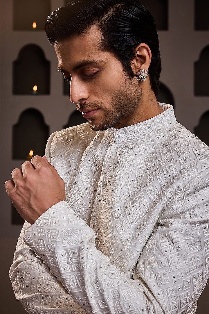 White Raw Silk Crystal Embroidered Jodhpuri Set by Histori at Pernia's Pop Up Shop