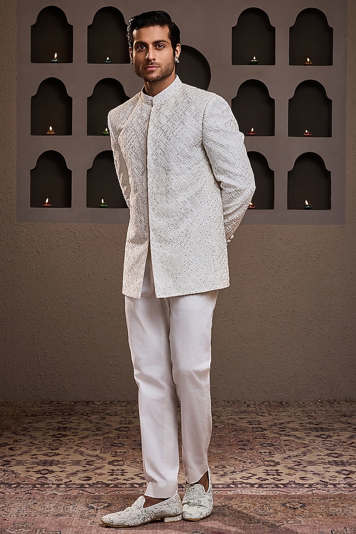 White Raw Silk Crystal Embroidered Jodhpuri Set by Histori at Pernia's Pop Up Shop