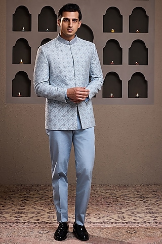 Sky Blue Raw Silk Crystal Embroidered Jodhpuri Set by NITIKA GUJRAL MEN