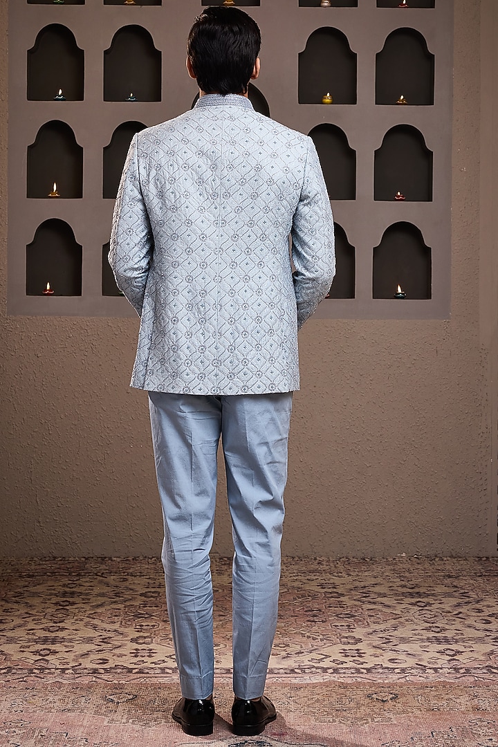 Sky Blue Raw Silk Crystal Embroidered Jodhpuri Set by NITIKA GUJRAL MEN at Pernia's Pop Up Shop