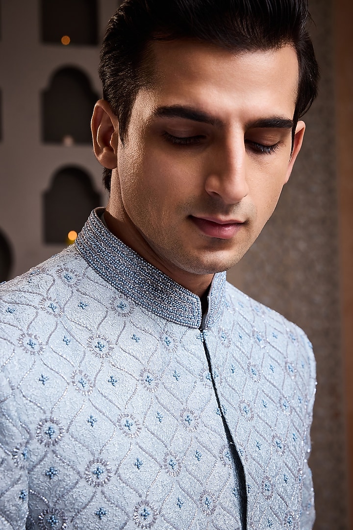 Sky Blue Raw Silk Crystal Embroidered Jodhpuri Set by NITIKA GUJRAL MEN at Pernia's Pop Up Shop