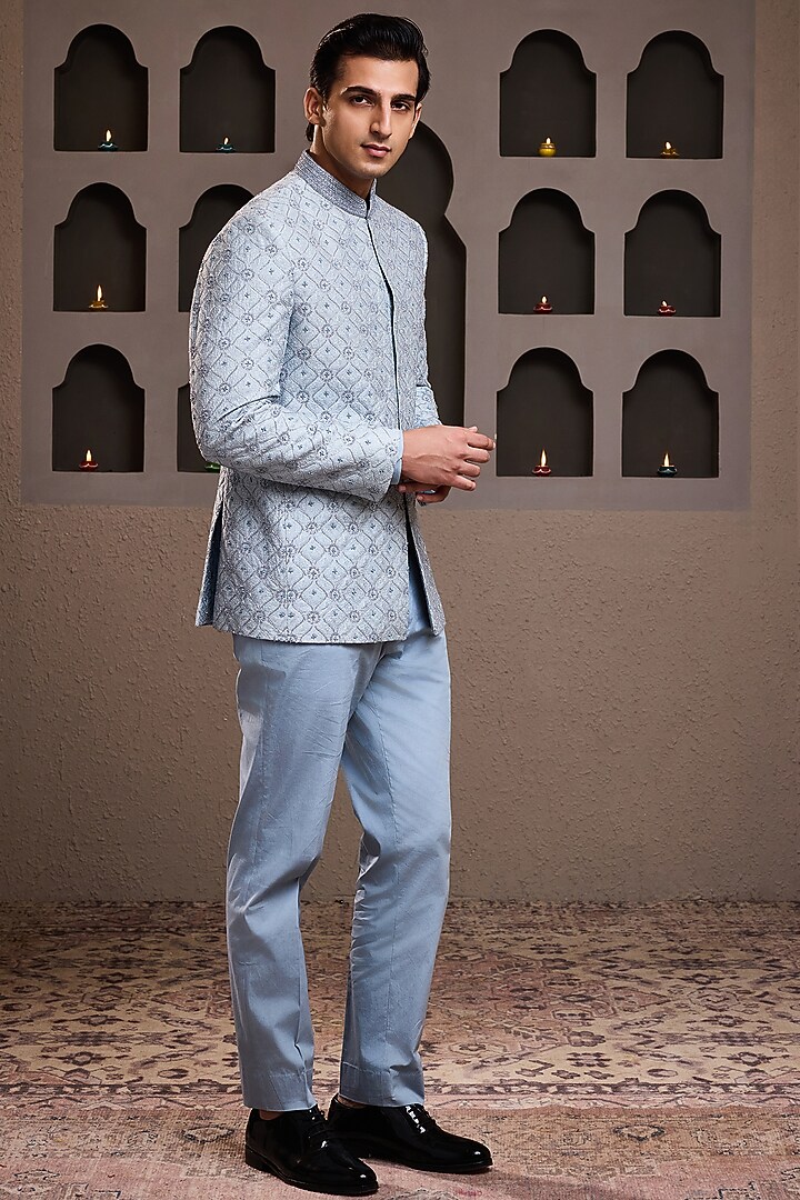 Sky Blue Raw Silk Crystal Embroidered Jodhpuri Set by NITIKA GUJRAL MEN at Pernia's Pop Up Shop