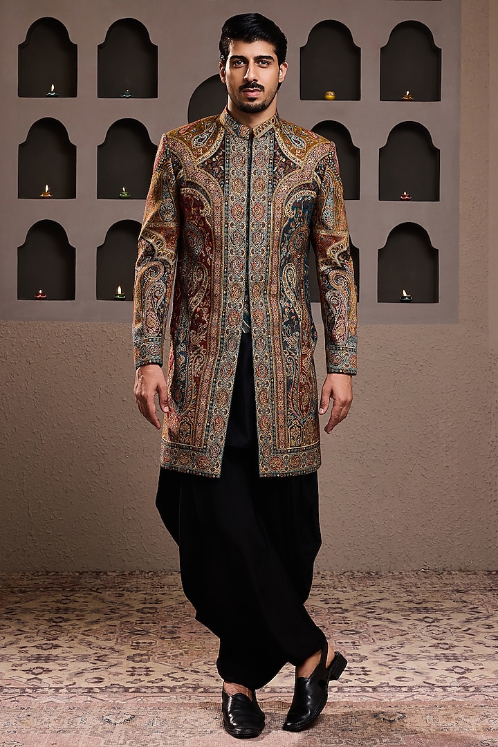 Black Woven Jacquard Achkan Set by Histori