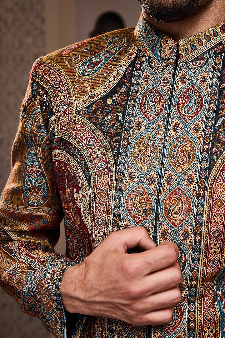 Black Woven Jacquard Achkan Set by NITIKA GUJRAL MEN at Pernia's Pop Up Shop
