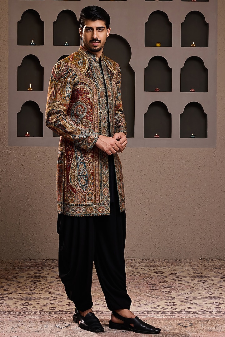 Black Woven Jacquard Achkan Set by NITIKA GUJRAL MEN at Pernia's Pop Up Shop