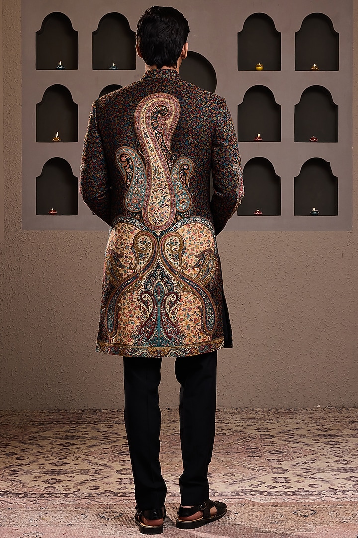 Black Woven Jacquard Achkan Set by NITIKA GUJRAL MEN at Pernia's Pop Up Shop