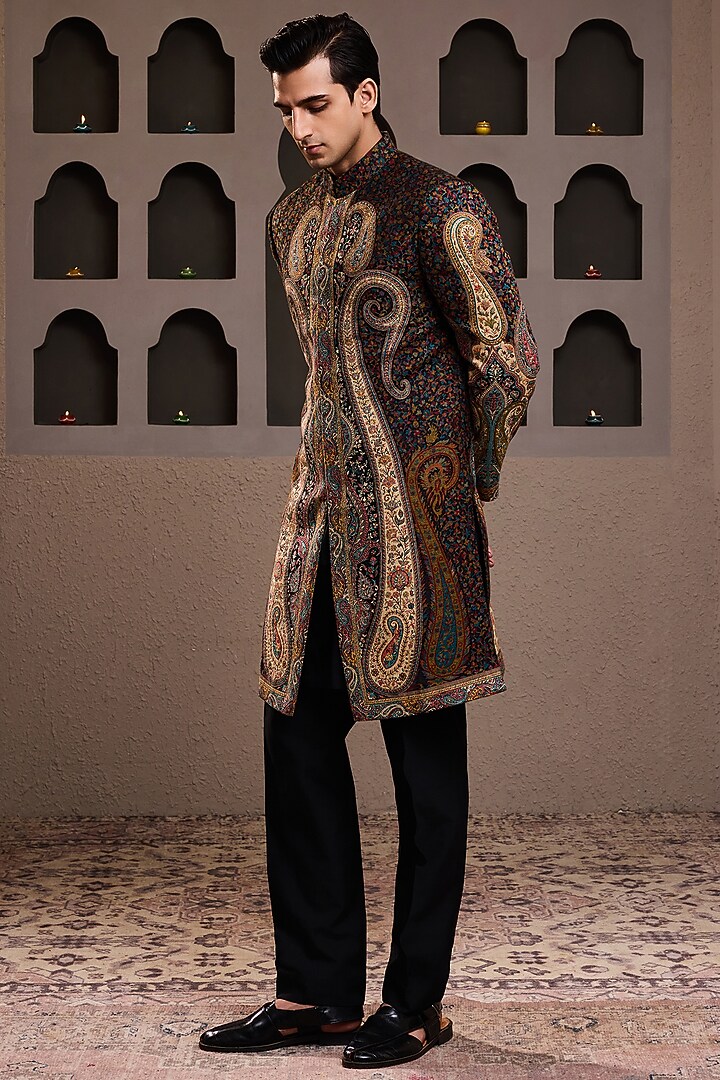 Black Woven Jacquard Achkan Set by NITIKA GUJRAL MEN at Pernia's Pop Up Shop