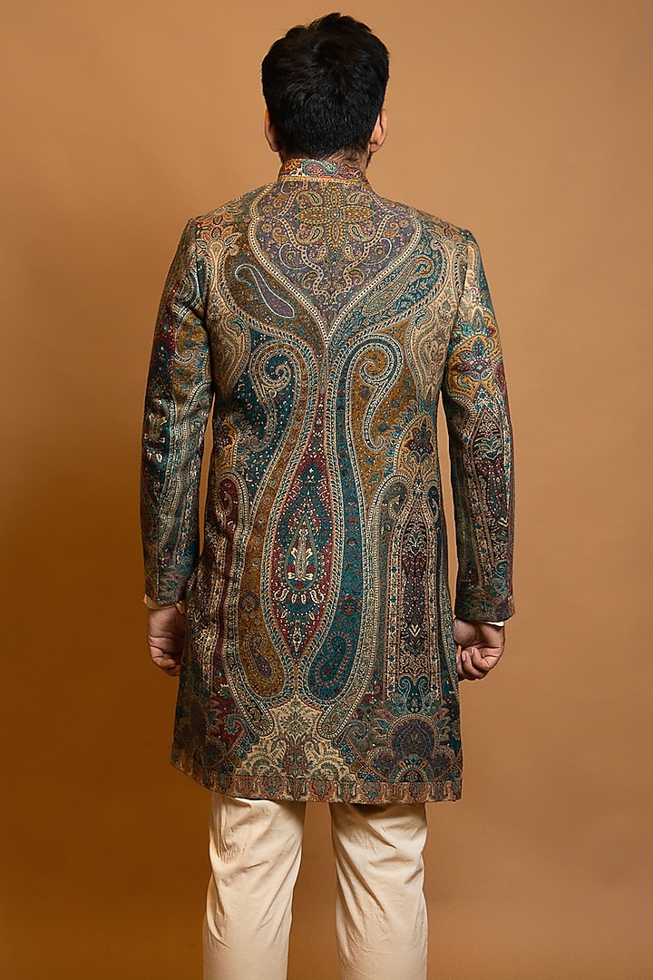 Beige Woven Jacquard Achkan Set by NITIKA GUJRAL MEN at Pernia's Pop Up Shop