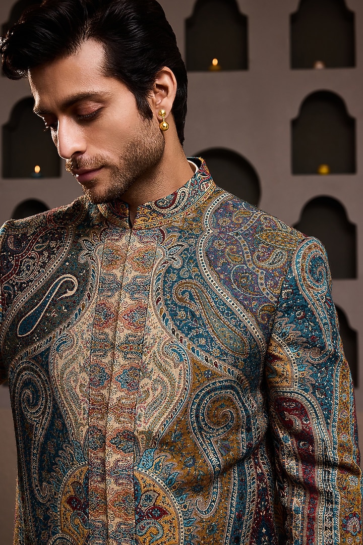 Beige Woven Jacquard Achkan Set by NITIKA GUJRAL MEN at Pernia's Pop Up Shop