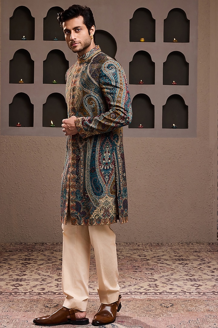 Beige Woven Jacquard Achkan Set by NITIKA GUJRAL MEN at Pernia's Pop Up Shop