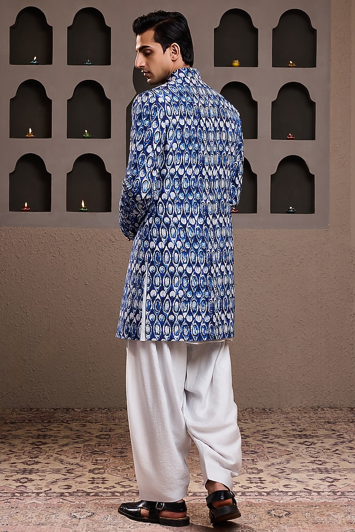 Indigo Raw Silk Printed Wedding Sherwani Set by NITIKA GUJRAL MEN at Pernia's Pop Up Shop
