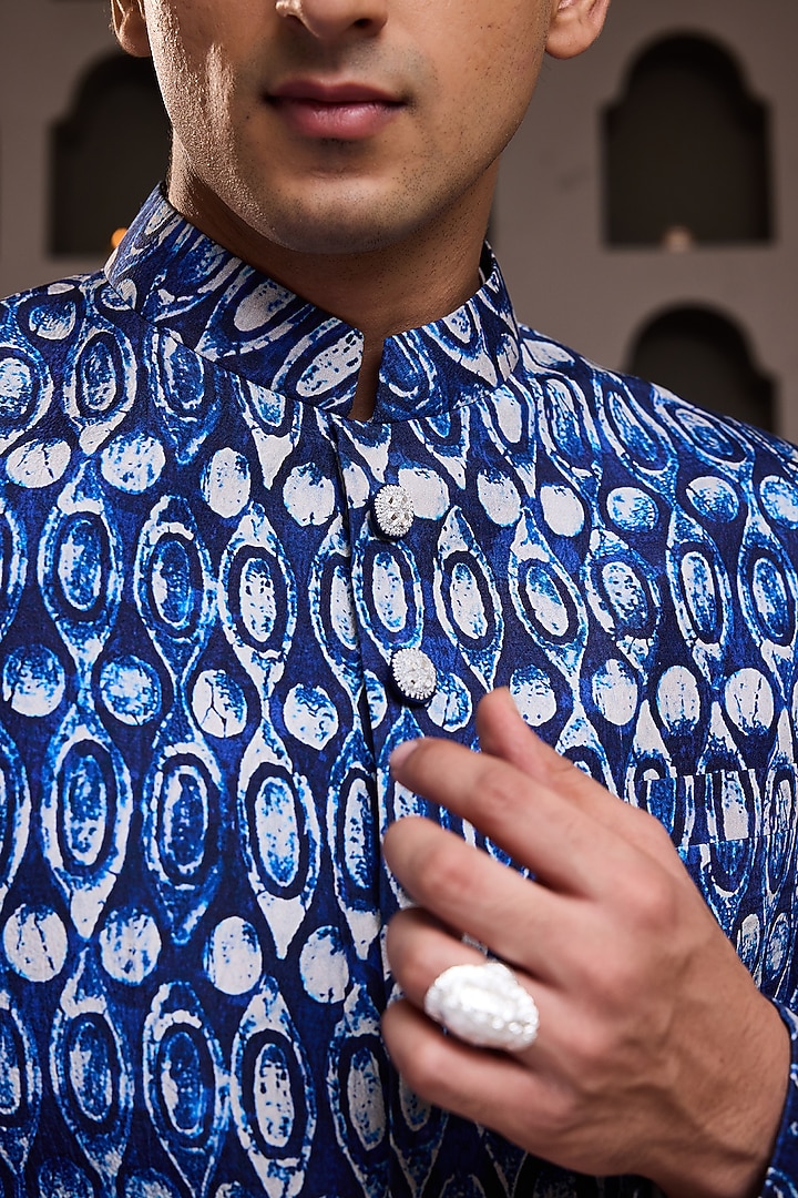 Indigo Raw Silk Printed Wedding Sherwani Set by NITIKA GUJRAL MEN at Pernia's Pop Up Shop